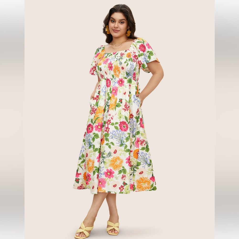 Bloomchic Floral Backless Shirred Square Neck Pocket Ruffle Hem Dress